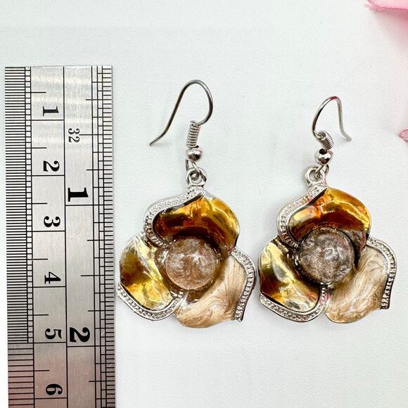 Gaudi Signed Floral Dangle Earrings Silver Tone Earthy Hues Fall Colors Enamel - Picture 6 of 9